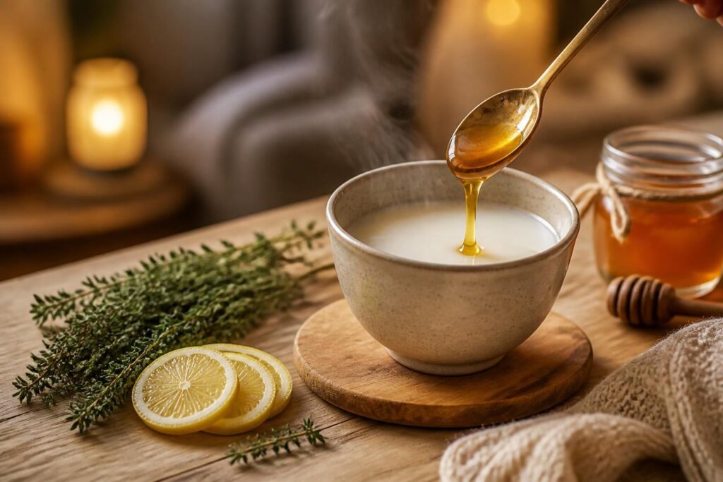 découvrez comment le lait chaud au miel peut soulager naturellement la toux sèche ou grasse, apaisant votre gorge et facilitant votre respiration.